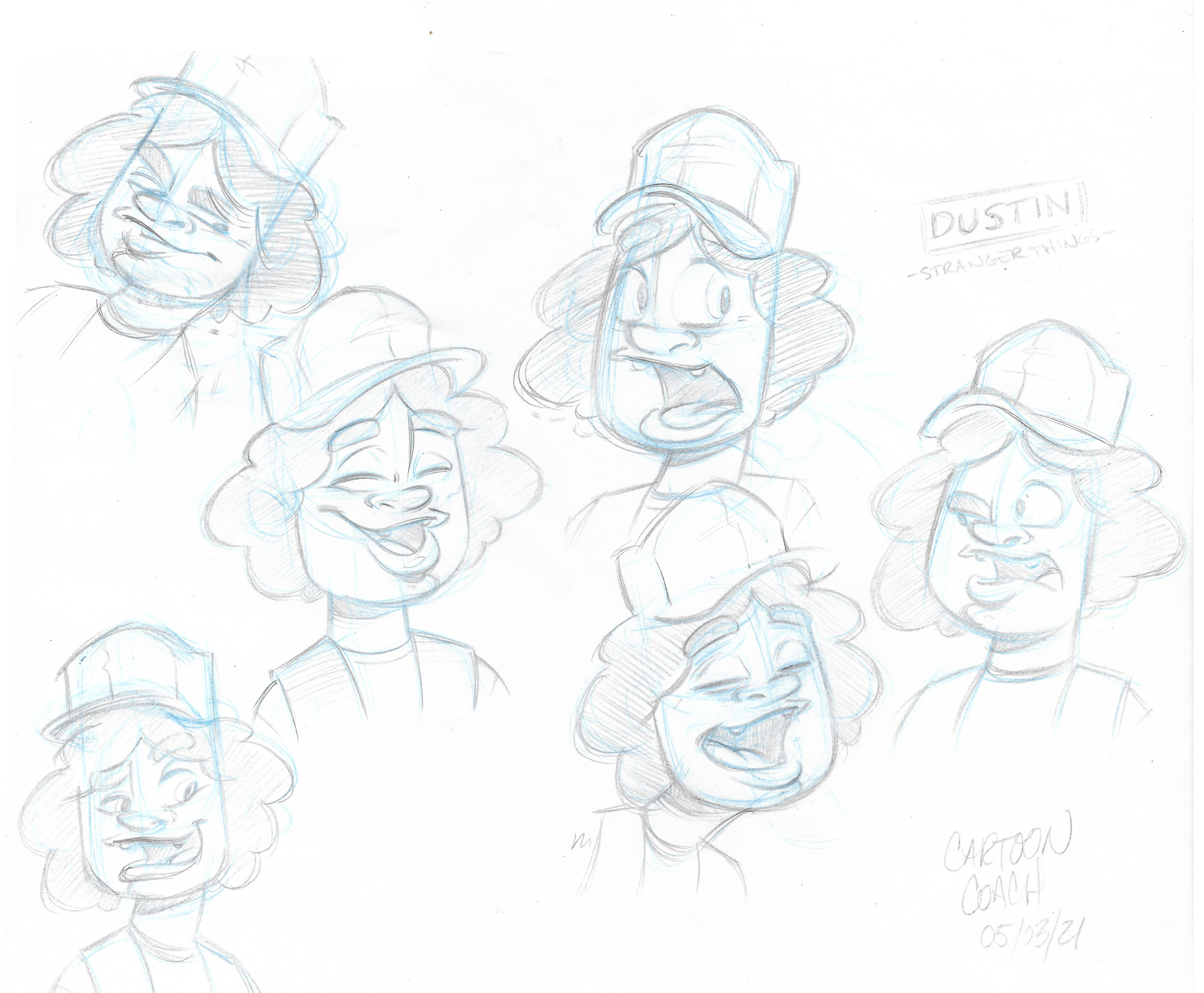 A peak inside Cartoon Coach's Sketch Book - 004 - Facial Expressions - Dustin, Stranger Things