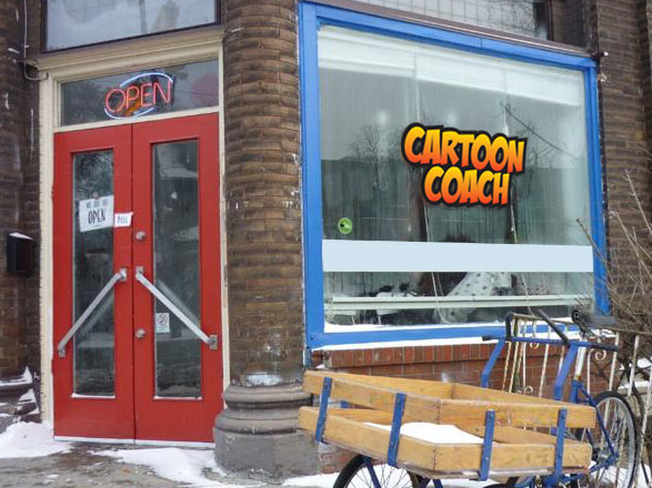 Cartoon Coach mocked up store front for Cartoon Coach Camp 2025 in Toronto