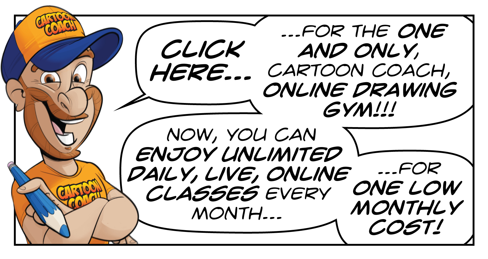 Cartoon Coach online Drawing Gym, featuring unlimited classes